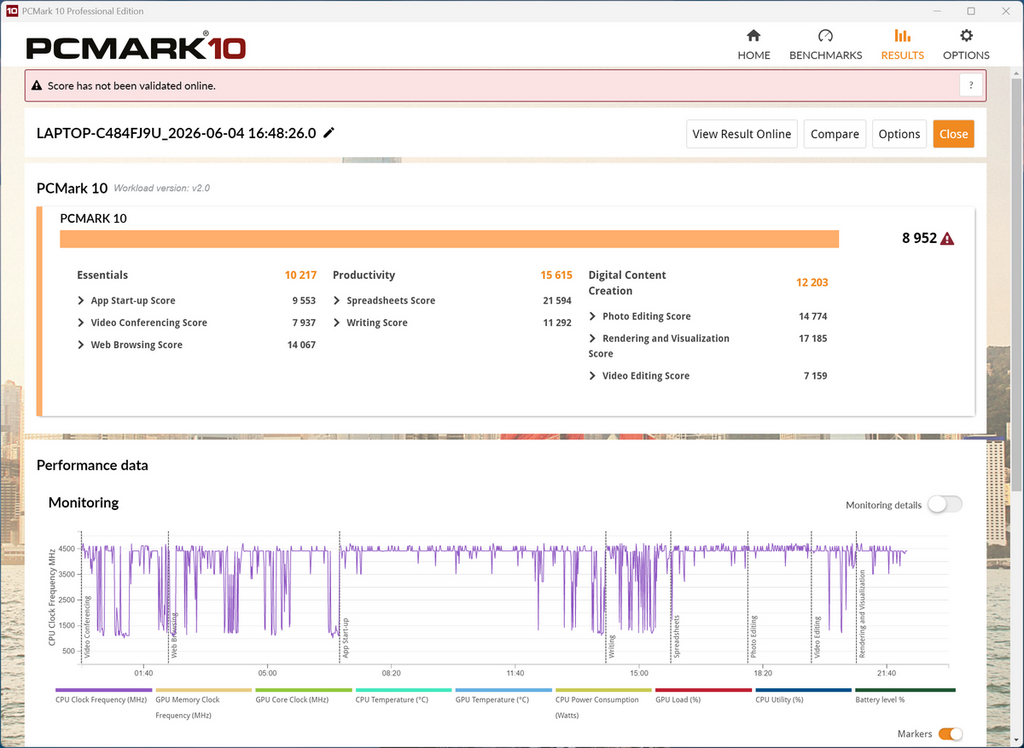 PCMark 得分達 8,952,符合現時 Core Ultra 7 356H 機種的高階性能水平。