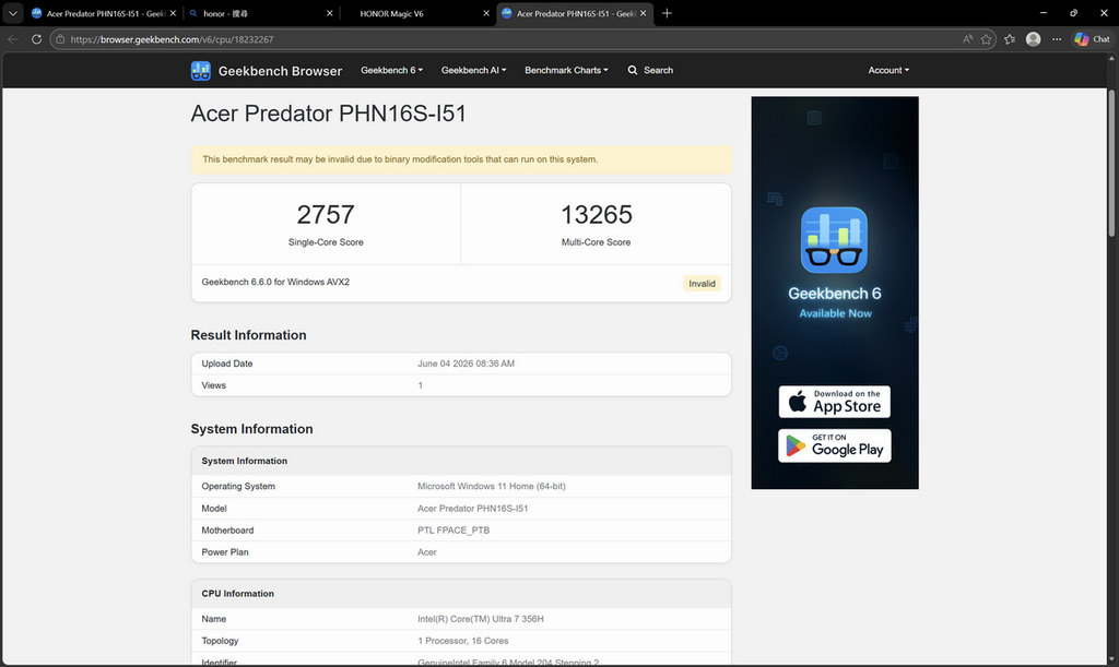 Geekbench 單核及多核分別取得 2,757 及 13,265 分,以同級 Notebook 來說表現出色。