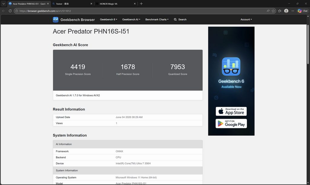 Geekbench AI 量化分數為 7,953,僅稍低於採用 Intel Core Ultra X7 358H 的新機。