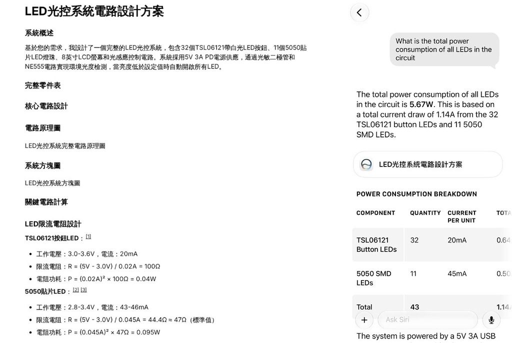 能從 PDF 文件找到不同類型的 LED 的規格資料，並計算出 LED 的總功耗。