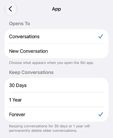 可選擇開啟 Siri 開啟新對話還是繼續之前的對話，並可選擇對話紀錄保留多久。