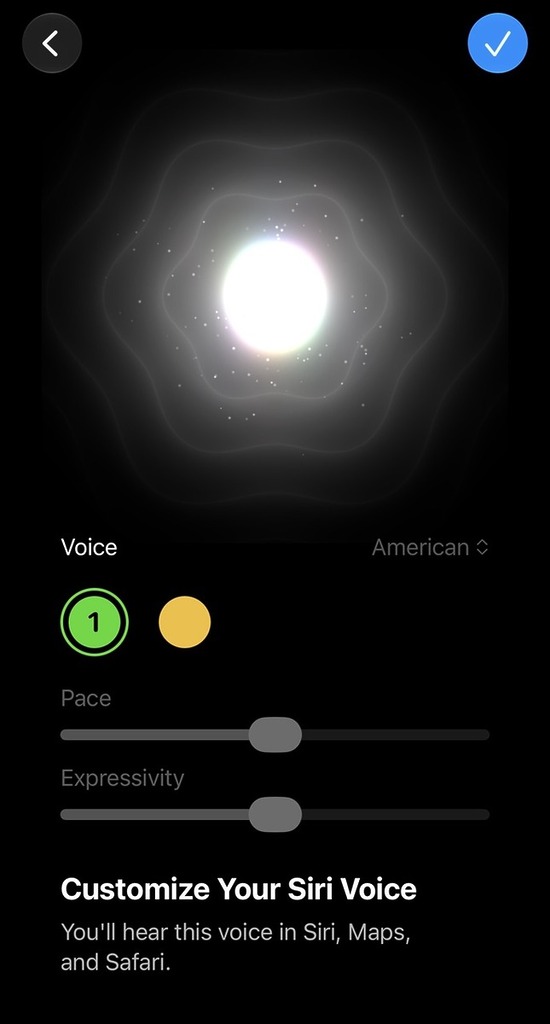 Siri AI 新增 Expressive Voice 設定，可以自訂口音、語速和表現力。不過現時只是介面 Preview，只能選擇一種男聲或一種女聲，自訂功能未能使用。