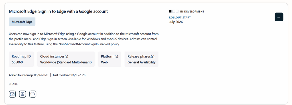 Microsoft 365 Roadmap(ID: 565860)註明用戶將可以 Google 帳戶來登入 Microsoft Edge。