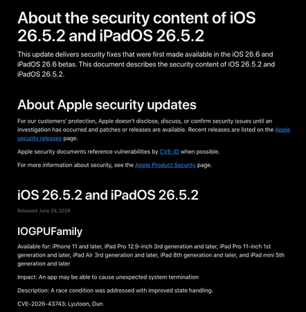 Apple 公布今次 26.5.2 更新所修復的近 30 個漏洞詳情。