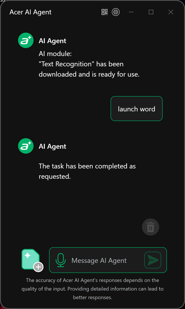 系統內建的 Acer AI Agent 可以簡單文字和語音回應用家需求，例如要求系統開啟指定程式等。