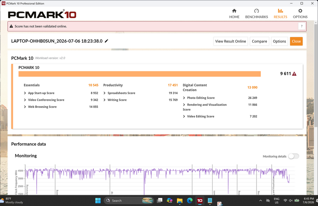PC Mark 10 測試跑分取得 9,611，亦與 Core Ultra X7 358H 同級 Notebook 接近，效能達中高階水平，生產力極高。
