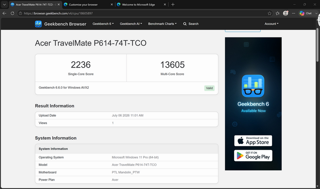Geekbench 單核及多核分別取得 2,236 及 13,605 分，以商用 Notebook 來說成績不錯。