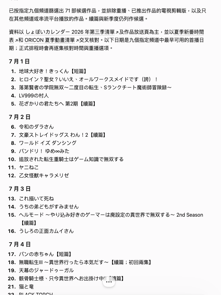 ChatGPT Work 所列出的作品名單包含編號,方便用戶提示要追看哪套作品。清單更清楚顯示她理解哪些作品是短片、哪些作品是續篇,這是 OpenClaw (Gemini 3.5 Flash) 難以做到的。