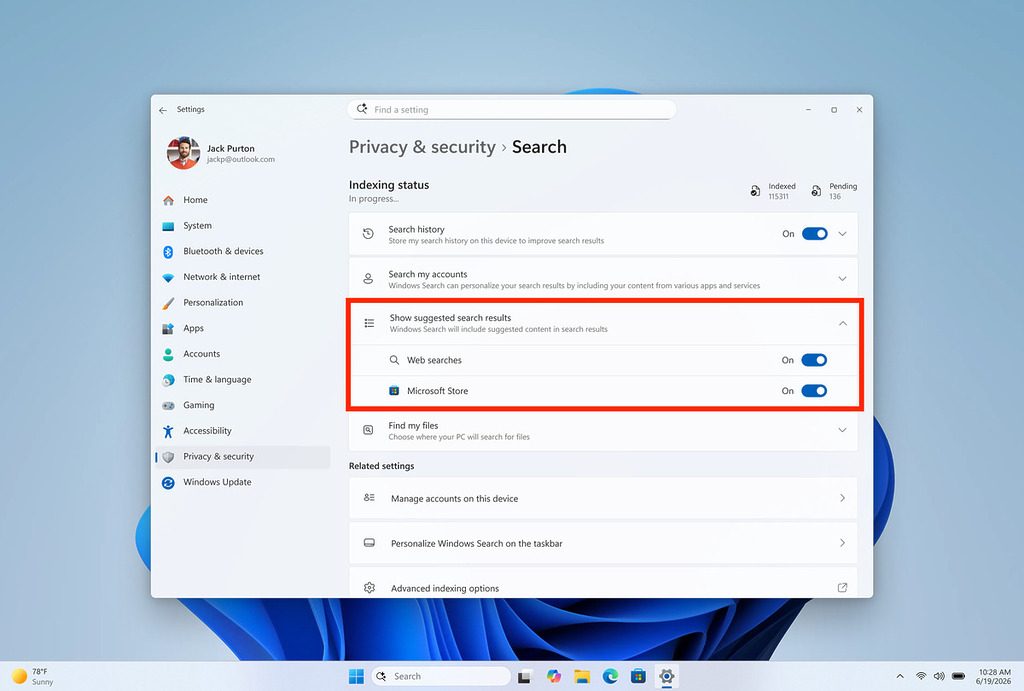 新設定選項讓大家可以選擇搜尋結果中是否顯示網頁搜尋和 Microsoft Store 的推廣。