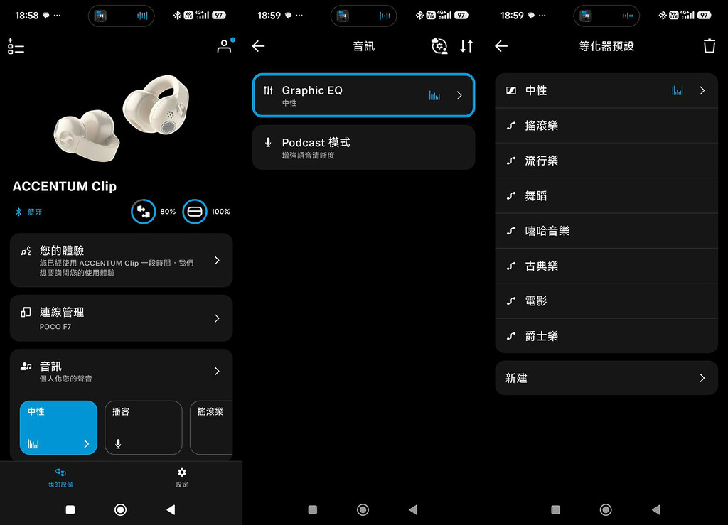ACCENTUM Clip 配備智能 Dynamic EQ 動態均衡器,內建先進的動態等化演算法,能按耳機的音量,對聲音進行調節。