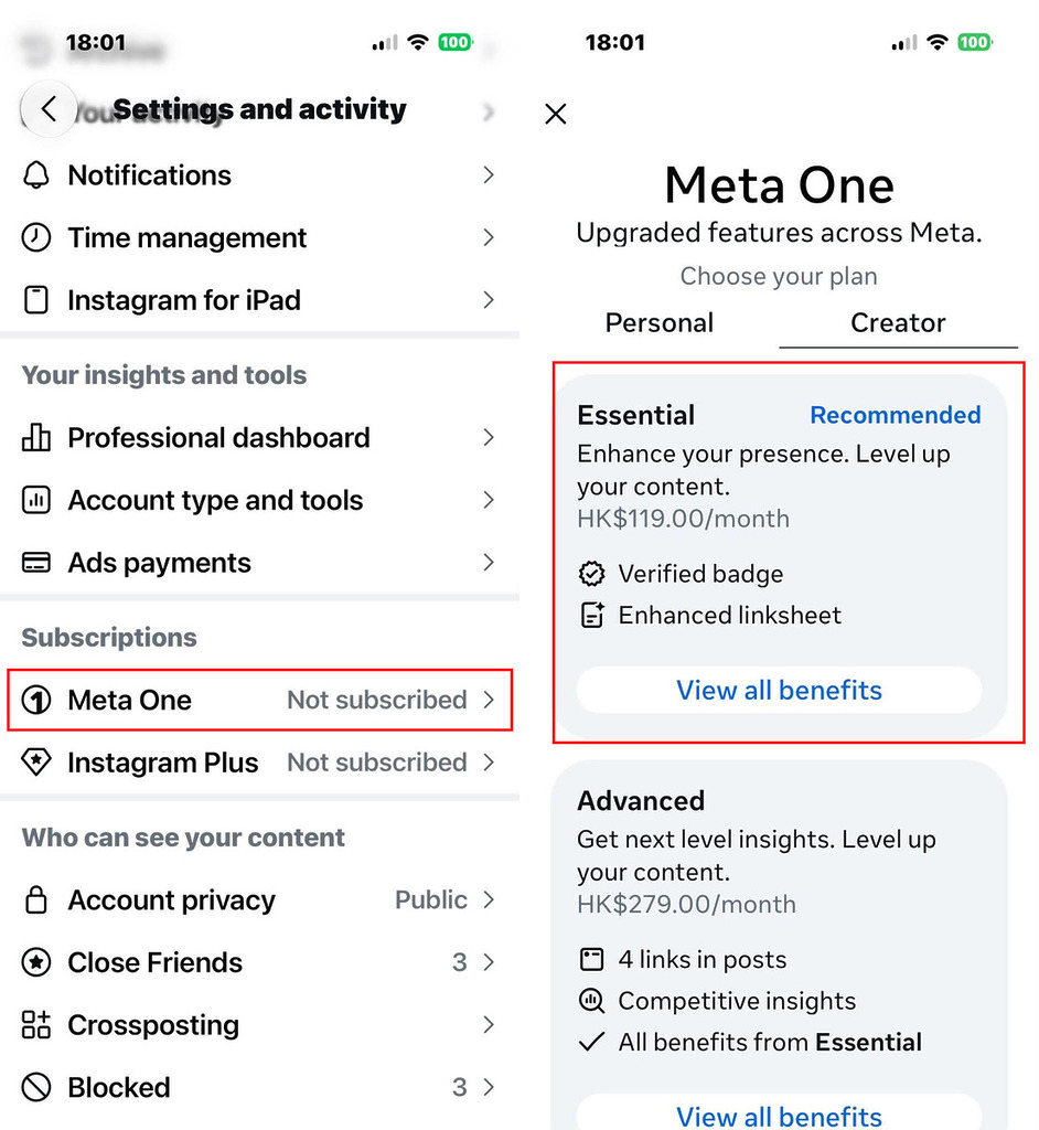 Meta One 會包括帳戶的「藍勾勾」認證, 其中月費 $279 的 Advanced 訂閱還可在 IG/FB 貼文內直接放多達 4 條外連網址作引流導購。
