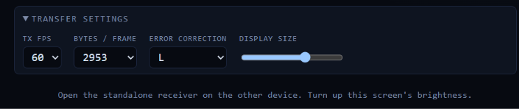 點擊 Transfer Settings 可以調整幀速、每幀容量、容錯程度(容錯愈高 QR Code 愈複雜,會影響每幀容量和編解碼速率)和 QR Code 大小。