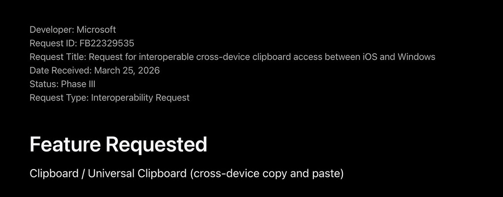 Microsoft 在今年 3 月透過歐盟《數位市場法》互通性要求系統提出申請,要求 Apple 在 iPhone 提供與 Windows 進行跨裝置複製貼上支援。