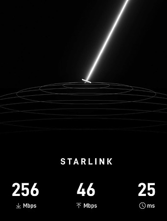 實測截圖顯示,透過 Starlink 連線的下載速度高達 256 Mbps,上傳達 46 Mbps,延遲僅 25 ms。