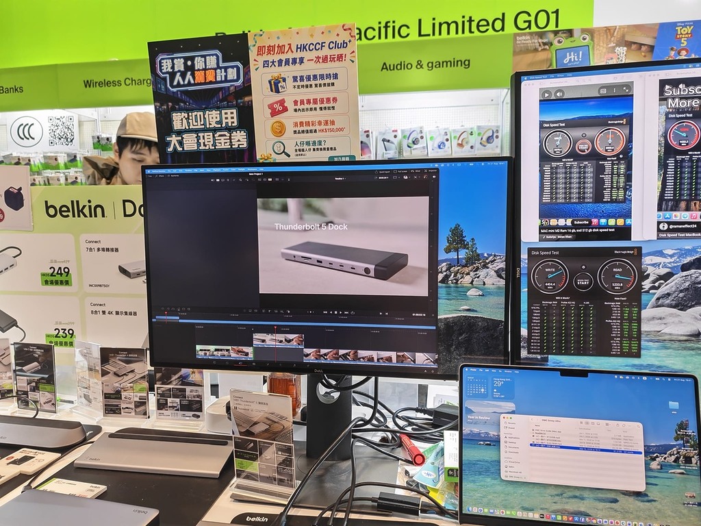 只需一條 Thunderbolt 5 線，即可同時滿足高速數據、多螢幕輸出、穩定供電與網絡連接需求，適合影片編輯、攝影師等需要多螢幕同時處理時間軸的高效工作者。