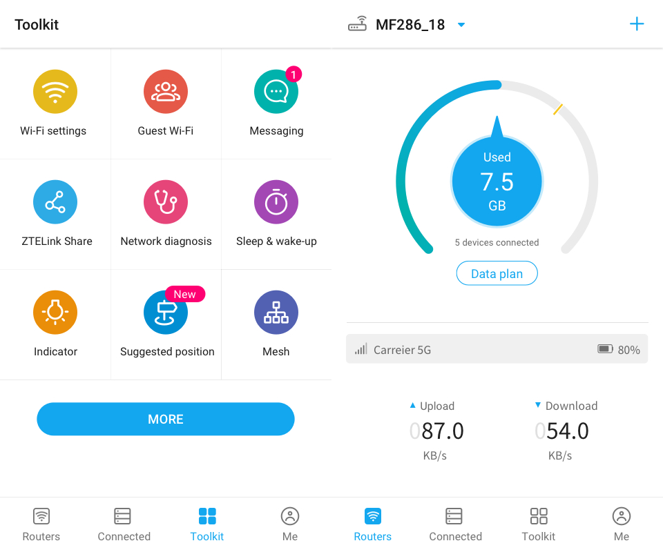 透過《ZTELink》App,用家可即時查看已使用的 5G/4G 流量,並設定流量上限與超量警示、查看當前已連線的設備列表,當然還有修改 SSID 名稱、密碼與網絡診斷等功能。