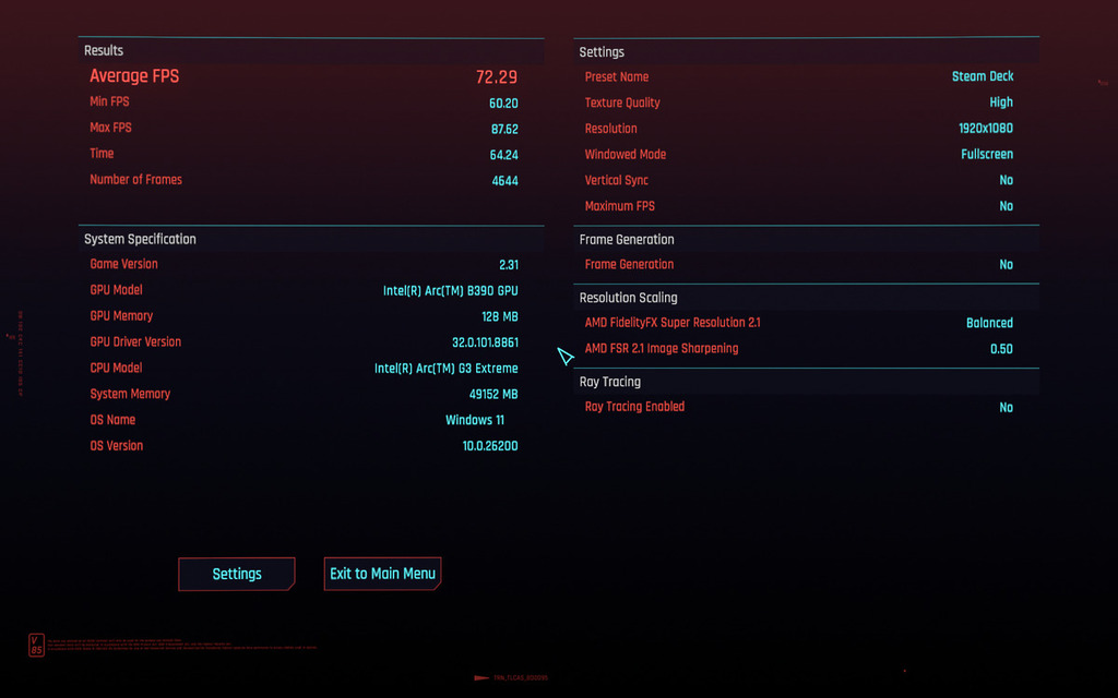 STEAM DECK 優化設定的 Cyberpunk 2077 FHD 有 60FPS 以上。