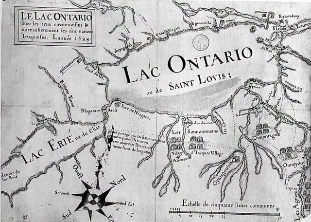 這張 1688 年的地圖標示了湖的名稱為 Lac Ontario,遠早於美國獨立和加拿大聯邦成立。
