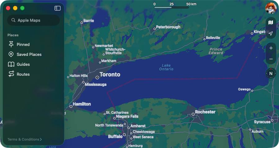 撰文時即使翻牆到美國,Apple 地圖仍然標示為 Lake Ontario。