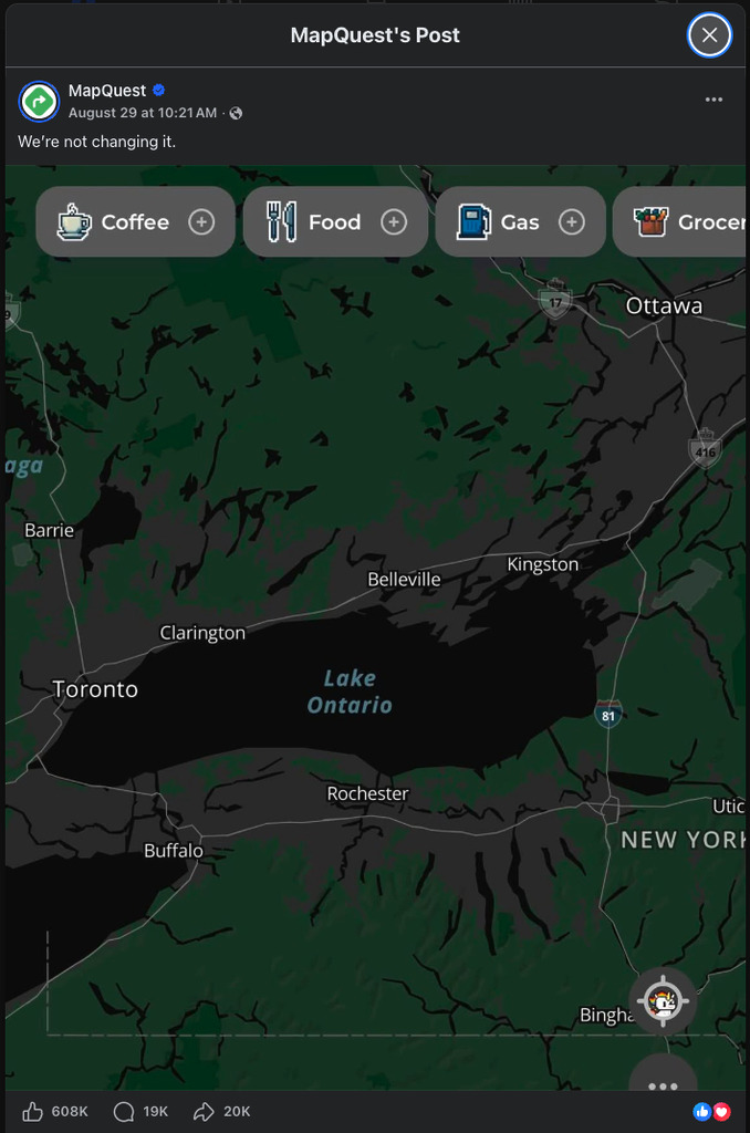 MapQuest 表明不會更改安大略湖名稱,得到 60 萬用戶讚好。