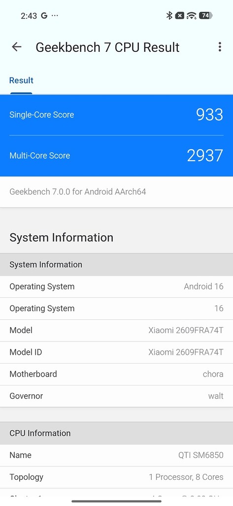Geekbench 7 CPU 跑分達 933(單核)及 2,937(多核),效能表現仍然是比較一般,但作為中階手機則可以接受。