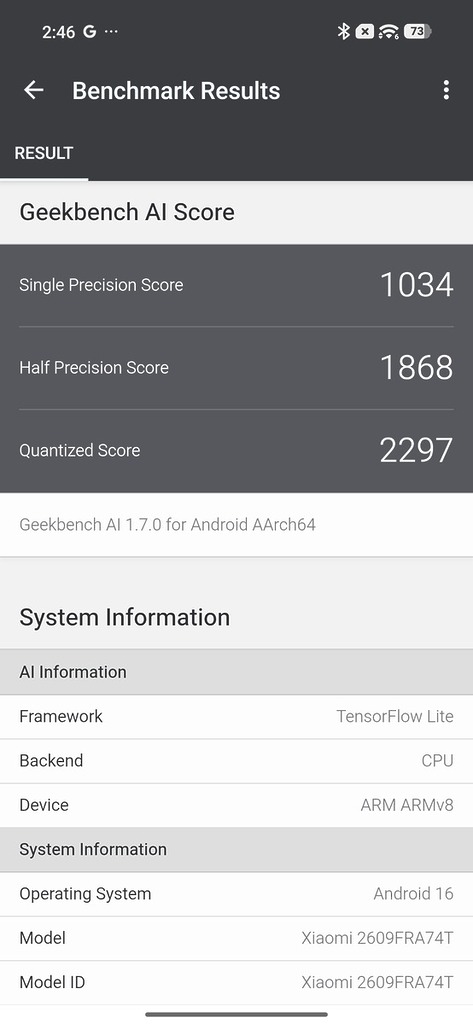 Geekbench AI 量化分數達 2,297,能滿足一般手機端 AI 應用。