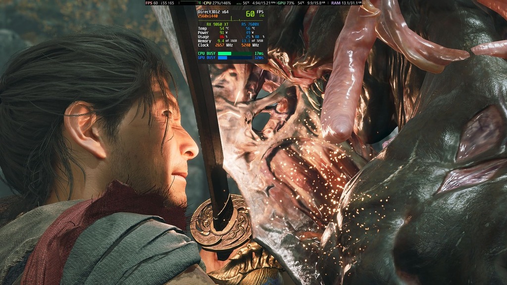 RX 9060 XT 遊玩「極高」畫質 1440p 60FPS 尚有餘力，可啟用更好的 FSR 4 畫質及光追「高」。