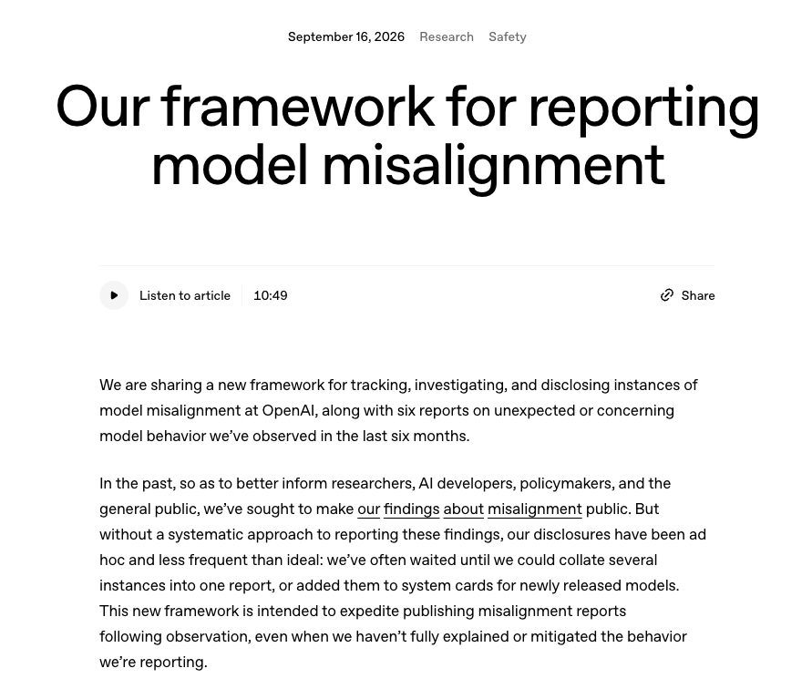 OpenAI 公布建立披露 AI 模型「錯位行為」(model misalignment) 的持續披露制度。
