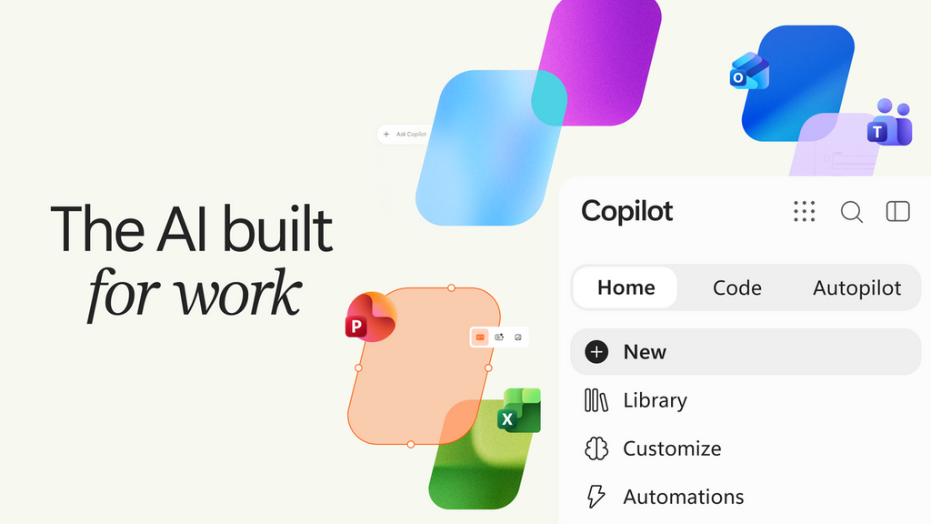 新 Copilot App 分成三個區域:Home、Code 和 Autopilot,各部分工清晰。