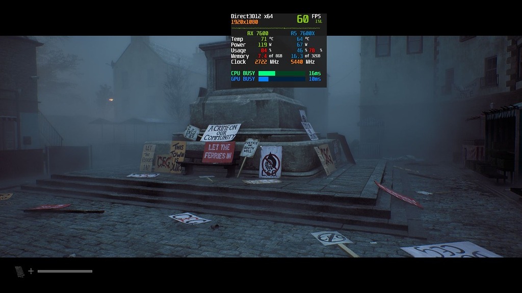 STEAM MACHINE 級別的 R5 7600X + RX 7600 系統,FHD 使用「高」畫質 + 光追 + FSR 品質,已有穩定 60FPS。