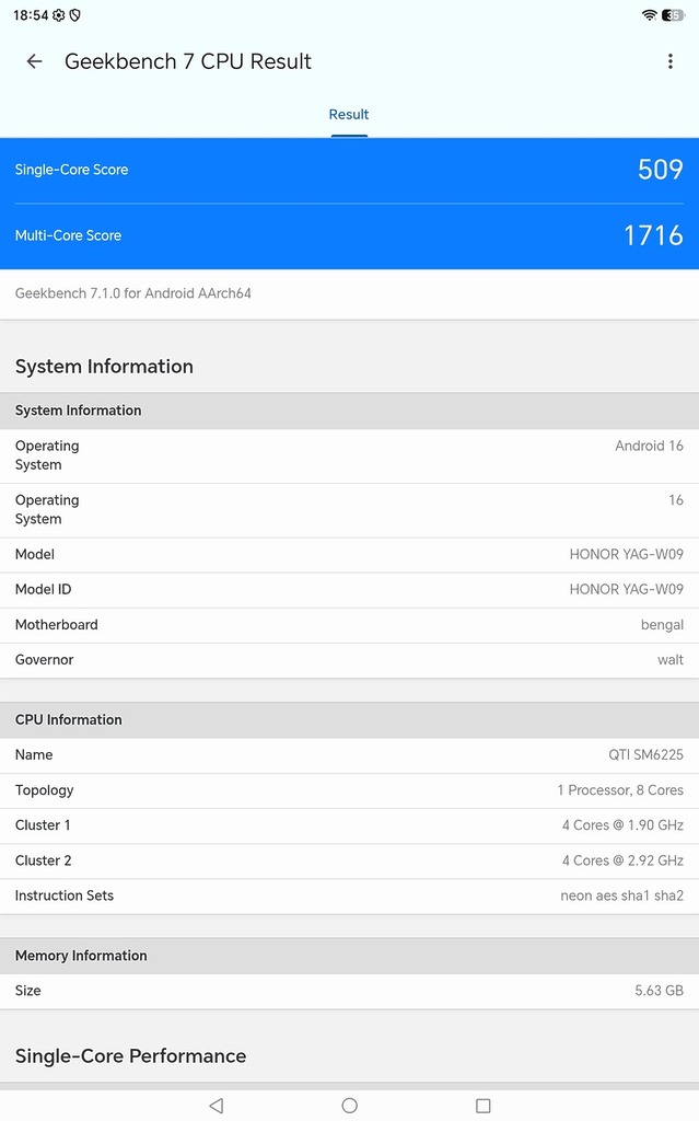 Geekbench 7 單核及多核 CPU 得分分別為 509 及 1716,以現今平板效能來說只是一般。