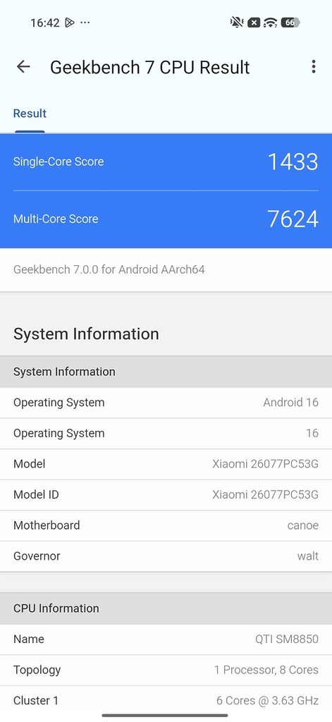 Geekbench 7 CPU 跑分達 1,433(單核)及 7,624(多核),效能表現毫無疑問是旗艦級數。