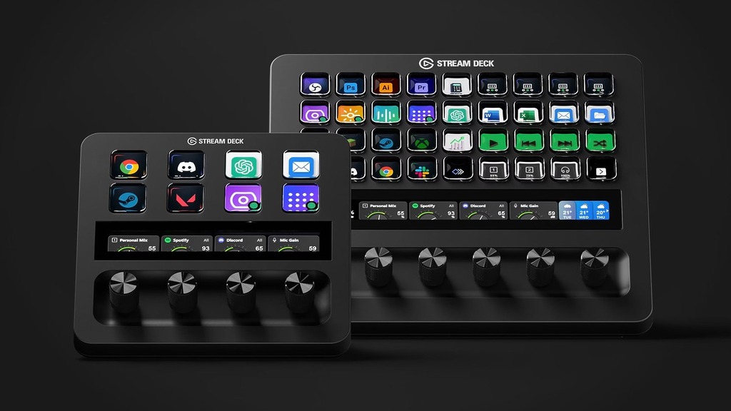 與標準 Stream Deck + 相比,Stream Deck + XL 無論 LCD 按鈕、可按壓旋鈕以至觸控橫幅屏幕都大幅增加,足以將整個工作環境放在一個頁面裡。
