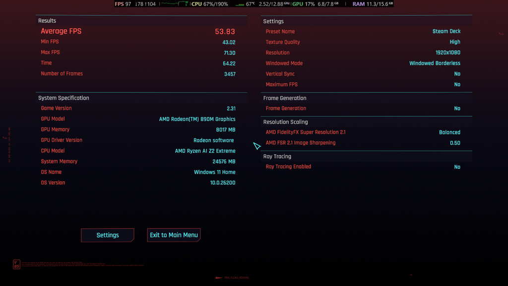 Cyberpunk 2077 STEAM DECK 設定及 FSR 效能有 50FPS 水平。