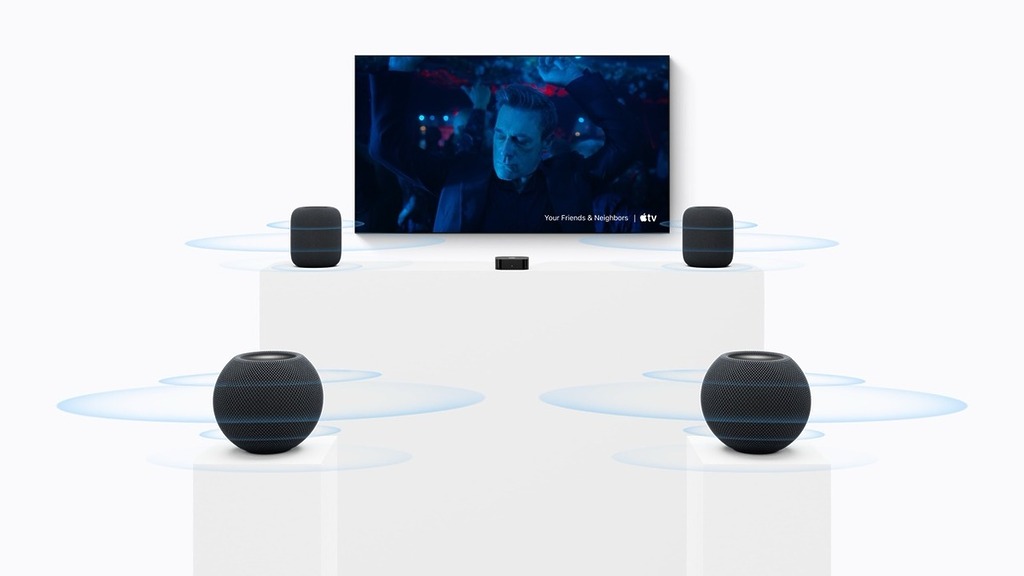 HomePod mini 2 支援同日公布的第 4 代 Apple TV 4K ,可以 4 套裝置組成環繞聲系統。